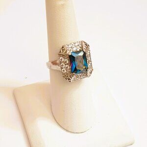 925 Emerald Cut Aurora Borealis Ring 7.25 Sterling Silver Pave Cocktail Jewelry